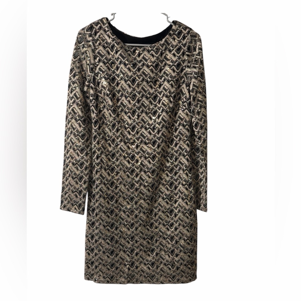 Jessica Howard Sequin Chevron Sheath Dress Women’s 6 Black Gold GUC